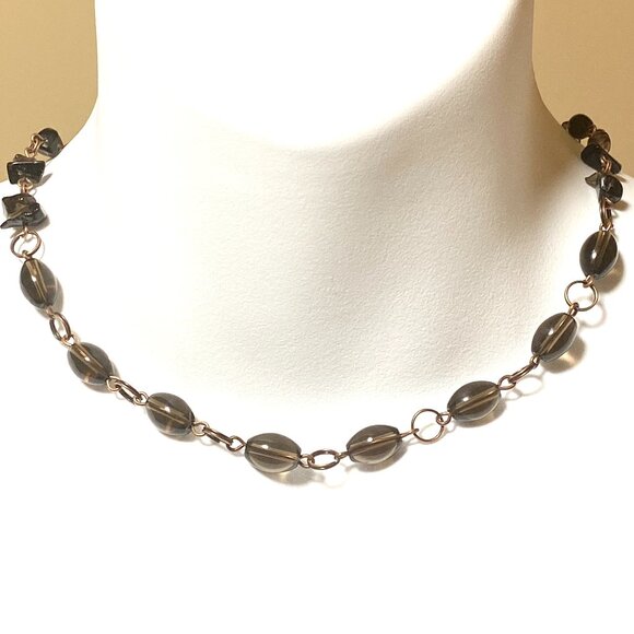 Genuine Dark Smoky Quartz Bib Necklace, Gemstone & Copper Choker - Picture 1 of 14